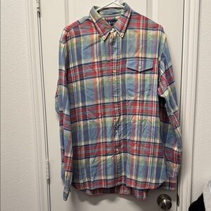 L.L. Bean Men's Light Blue Red Yellow Plaid Button-Down Shirt